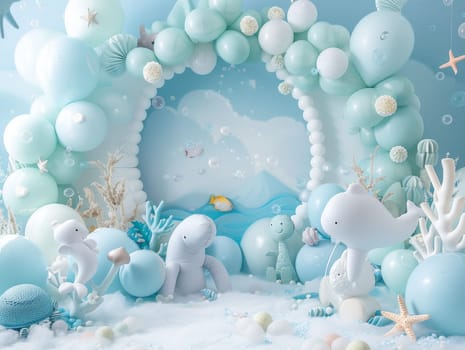 A blue and white room with a blue archway and a blue background. The archway is filled with balloons and there are several stuffed animals, including a whale and a dolphin