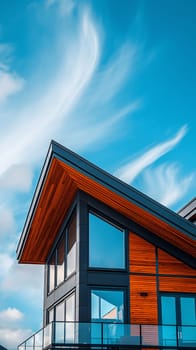 A contemporary building with large windows and wooden siding stands under a bright blue sky, accentuated by dynamic, wispy clouds - Generative AI