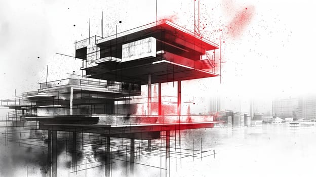 A modern architectural structure is depicted with an abstract, sketch-like quality, featuring splashes of red on a black and white urban backdrop - Generative AI