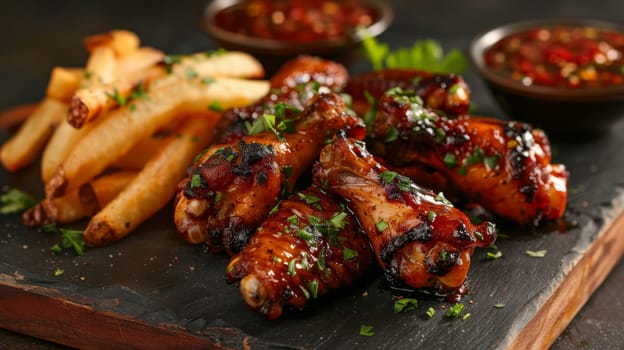 A plate of fried chicken and a side of french fries. The chicken is covered in a sauce and is sitting on a bed of greens