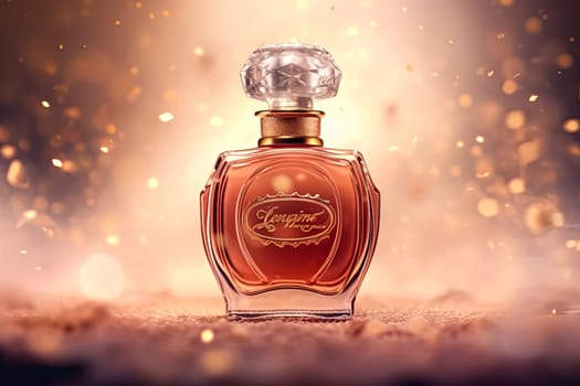 Luxury perfume with a golden insert on the bottle against a blurred background.