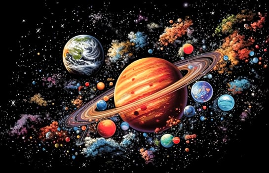 A colorful planet with many different colored planets surrounding it. The planet is surrounded by a ring of planets and stars