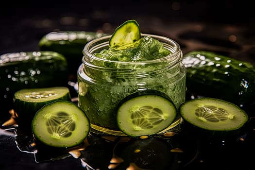 A jar of cucumber juice with a cucumber slice in it. The jar is on a table with other cucumbers