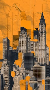 A collage depicting a city skyline dominated by tall buildings, showcasing the urban landscape and architectural diversity - Generative AI