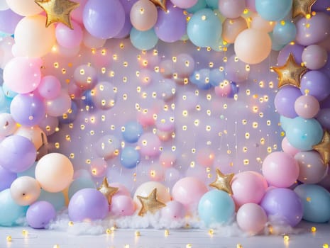 A colorful room with a rainbow arch and stars. The room is decorated with balloons and confetti