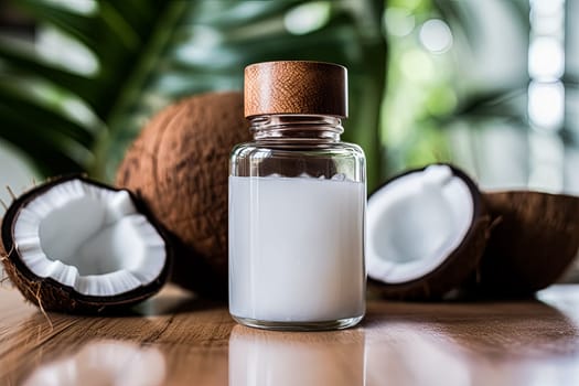 A jar of coconut milk sits on a table next to a half-cut coconut. The jar is half full and the coconut is half cut
