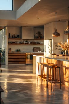 An interior designed kitchen with a spacious island featuring hardwood countertops and stools. The flooring is covered with beautiful laminate flooring