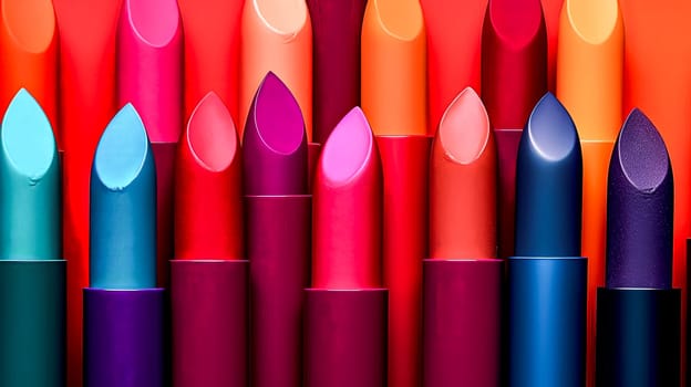 A row of colorful lipsticks are displayed in a row. The lipsticks are of different colors and sizes, and they are arranged in a way that they look like they are standing upright