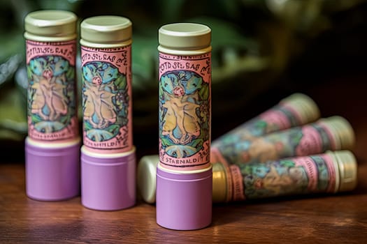 A row of small tubes of lip balm with a floral design on the side. The tubes are lined up on a table