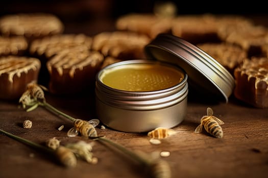 A metal jar of beeswax for the face sits on the table, providing hydration and skincare for both face and body.