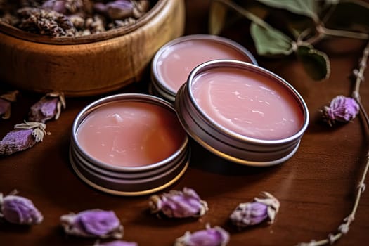 A jar of pink lip balm sits on a wooden table. There are several other jars of lip balm on the table, all of which are different colors and sizes