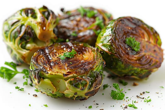 Several Brussel sprouts stacked on top of each other, resting on a clean white tabletop.