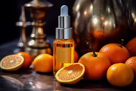 A bottle of orange face oil sits on the table surrounded by oranges, representing natural skincare.