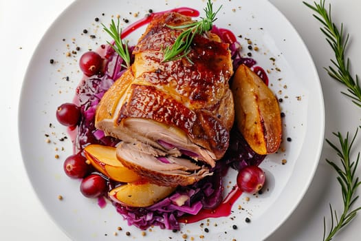 A white plate filled with tender duck confit, vegetables, and a savory sauce.