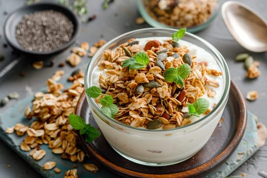 A glass bowl of natural yogurt topped with crispy spelt granola and garnished with fresh mint leaves, set on a wooden plate.
