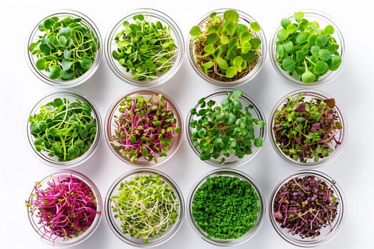 Twelve clear containers filled with various vibrant microgreens varieties are arranged in a grid pattern, providing a detailed display of the small, nutritious plants.