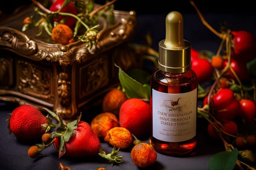 A bottle of perfume with tea rose extract rests on a table adorned with a bunch of strawberries and leaves, evoking a fresh and floral fragrance.