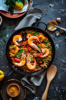 A vibrant seafood paella with shrimp, mussels, and peas garnished with fresh herbs, served in a cast iron pan.