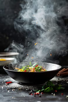 A traditional wok filled with various cooked dishes placed on top of a wooden table.