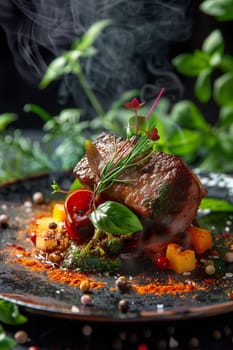 A beautifully plated gourmet beef steak garnished with fresh herbs, colorful vegetables, and spices, with steam rising in an ambient restaurant setting.