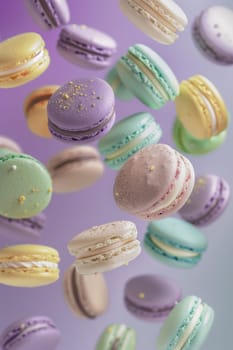 A variety of colorful macarons, including green, purple, and cream, appear to float against a vibrant purple backdrop, creating a whimsical and delicious visual.