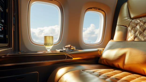 A luxurious airplane with two leather seats and a champagne glass. Private seat on private jet.