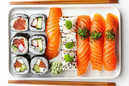 A white plate with assorted sushi rolls and chopsticks neatly arranged on it.