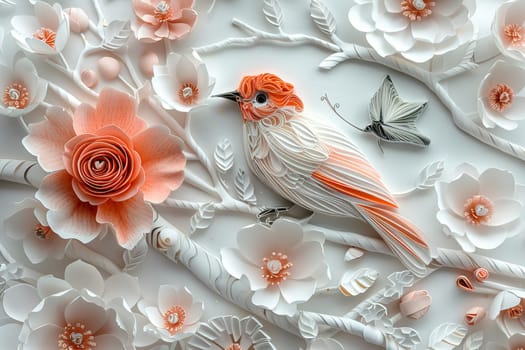 A white and pink floral background with two birds and a heart.