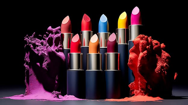 A row of colorful lipsticks are displayed on a table. The lipsticks are arranged in a way that they look like they are melting or spilling out of their containers. Concept of fun and playfulness