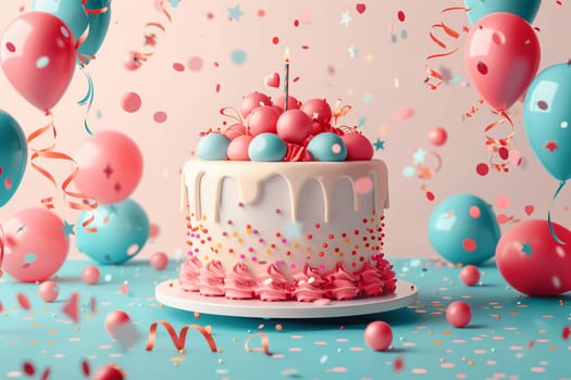 A festive birthday cake stands surrounded by colorful balloons and confetti, creating a joyful and celebratory atmosphere.