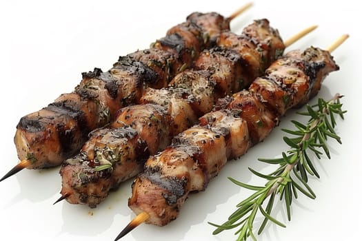 A detailed view of a skewer of food on a stick, showcasing grilled meat and vegetables arranged in a colorful and appetizing manner.