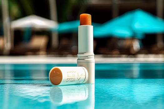 A tube of lip balm is sitting on the water. The tube is orange and has a white cap. The scene is set in a pool area with umbrellas and chairs