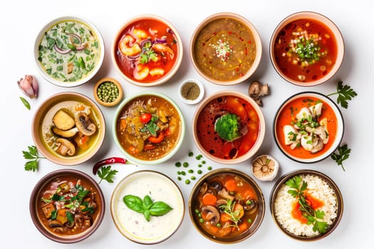 A table is covered with an assortment of bowls filled with different types of food, showcasing a variety of flavors and cuisines.