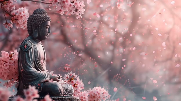 A statue of a Buddha is sitting on a tree branch with pink flowers. The scene is serene and peaceful, with the statue and flowers creating a sense of calm and tranquility