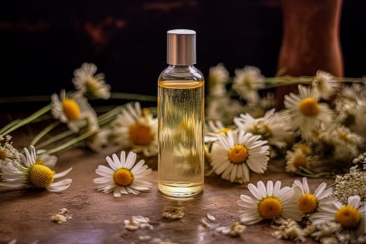 A bottle of essential oil is on a table next to a bunch of yellow flowers. The bottle is made of glass and has a cork stopper