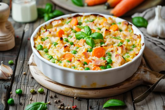 A tuna casserole dish filled with a mix of peas and carrots, ready to be served.