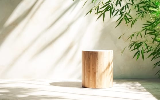 A wooden stool sits in front of a wall with bamboo plants. The scene is peaceful and serene, with the natural elements creating a calming atmosphere