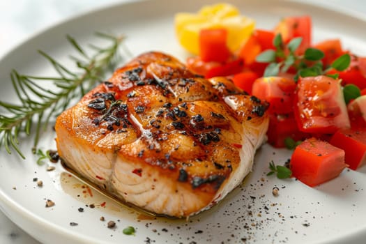 A plate of food with a piece of fish and a tomato salad. The fish is cooked and has a nice crust. The salad has a few pieces of tomato and some parsley. The plate is set on a white table