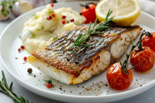 A fish fillet is served with a side of tomatoes and lemon. The fish is seasoned with pepper and lemon juice