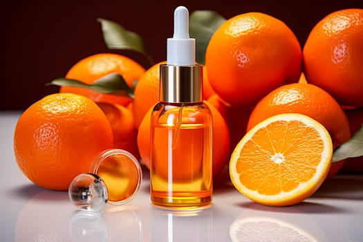 A bottle of orange face oil sits on the table surrounded by oranges, representing natural skincare.