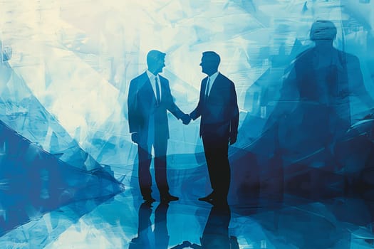 Two men shake hands in a blue and white background. Concept of professionalism and trust between the two men