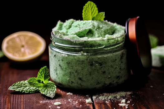 A jar of sugar scrub with peppermint sits on the table surrounded by herbs and mint, representing natural body care.