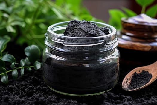 A jar of black powder is sitting on a table next to a spoon. The jar is surrounded by plants and leaves, giving the scene a natural and earthy feel