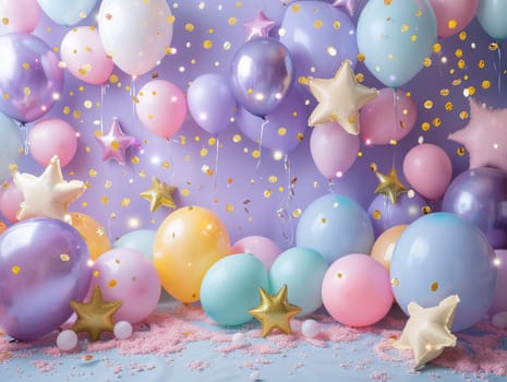 A colorful room with a rainbow arch and stars. The room is decorated with balloons and confetti