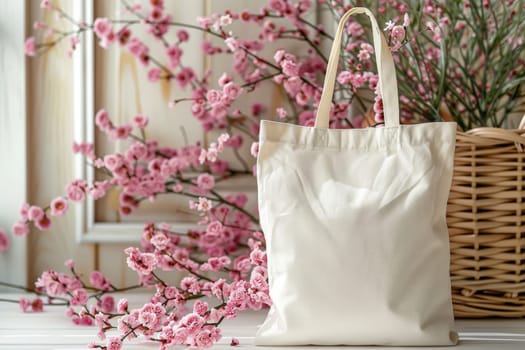 A white tote bag with a leaf on it sits on a table with a flower.