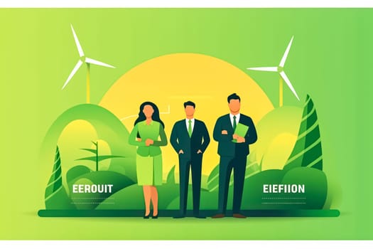 Three people in suits stand in front of a green background with windmills. Scene is professional and serious