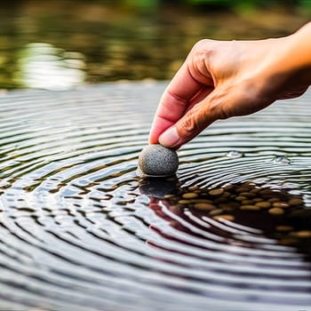 A hand is reaching into the water to pick up a small stone. The scene is peaceful and calming, with the water reflecting the sky and the stone creating ripples in the water