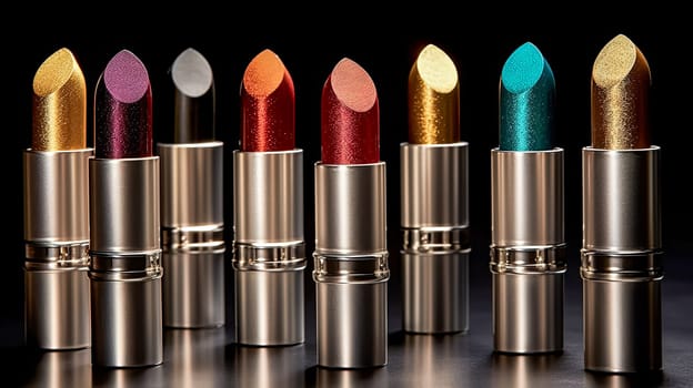 A row of lipsticks with glittery colors. The lipsticks are arranged in a row, with the first one being red and the last one being gold