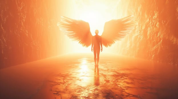 A man with wings is walking through a tunnel. The tunnel is lit by a bright light, and the man is surrounded by orange walls. The scene is surreal and mysterious