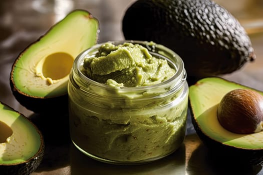 A jar of green face cream made from natural plant-based ingredients with avocado oil sits on the table surrounded by sliced avocados.